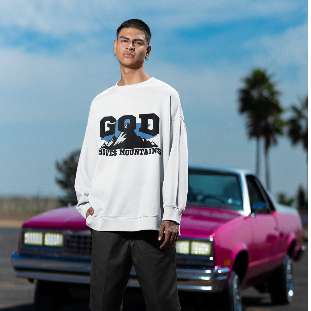 GOD MOVES MOUNTAINS UNISEX OVERSZIED SWEATSHIRT